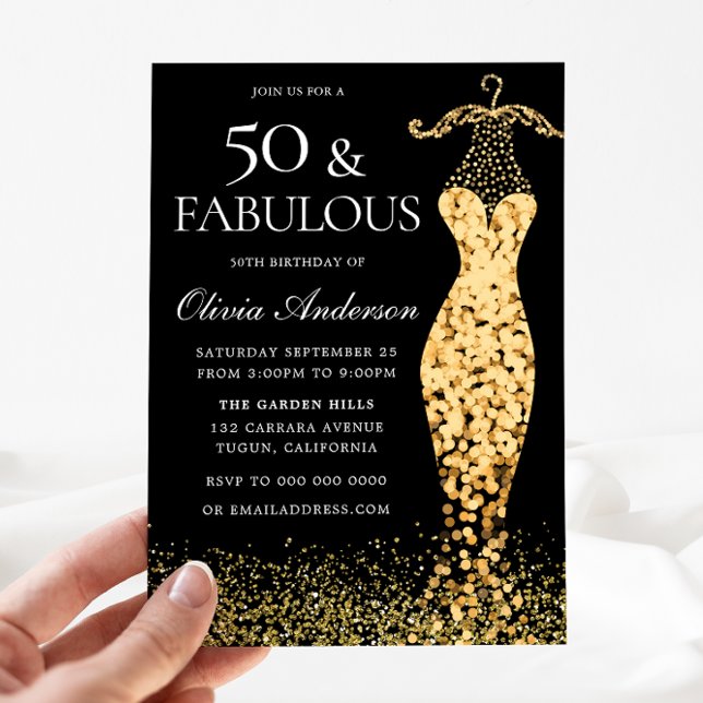 Convites Glamorous Dourado Vestido Fabuloso 50º Aniversário (Criador carregado)