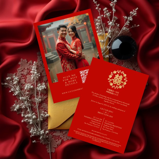 Convites Glamorous Glitter Floral Double Happiness Photo (Glamorous Charming Glitter Effect Floral Chinese Double Happiness Symbol Wedding Invitation Cards.)