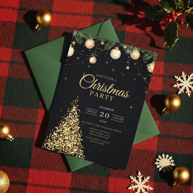 Convites Glamorous Gold Christmas Tree Party Invite (Modern Holiday Invitation)