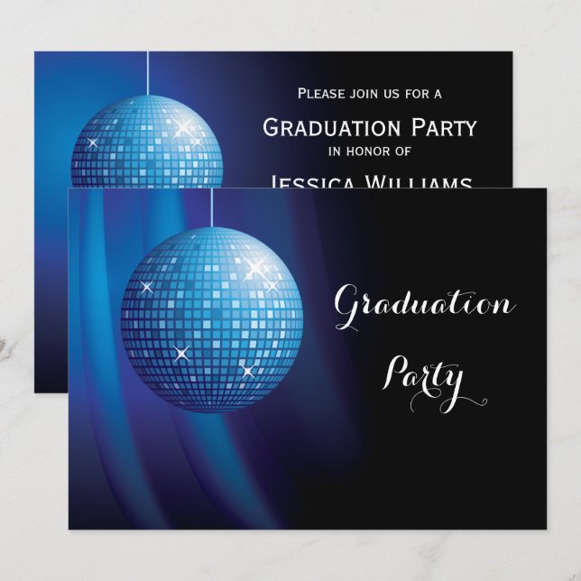 Convites Glamorous Graduation Blue Party Disco Ball (Frente/Verso)
