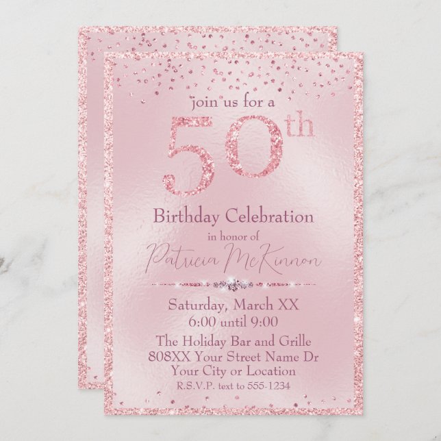 Convites Glamorous Pink Glitter 50th Birthday (Frente/Verso)