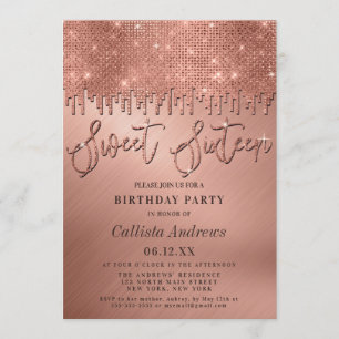 Convites Glamorous Rosa Dourado Glitter Pixels Sweet 16