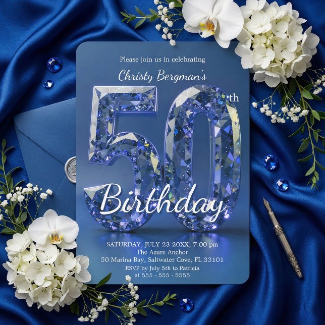 Convites Glamorous Sapphire Blue Diamond 50th Birthday (Criador carregado)