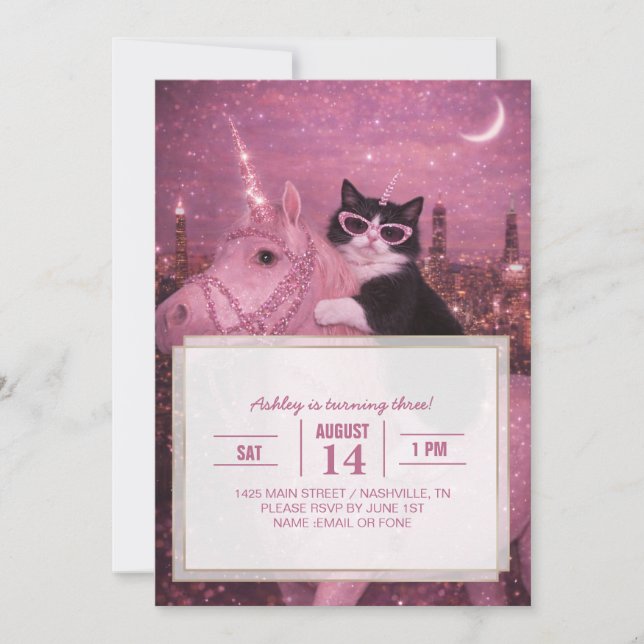 Convites Glamorous Unicorn Cat Under Sparkling City         (Frente)