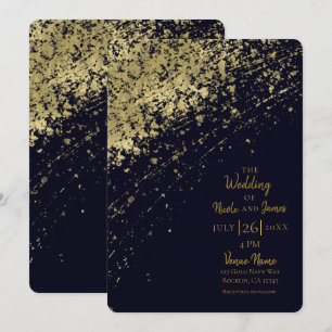 Convites Glamour Azul e Dourado Pintura com respingos Casam
