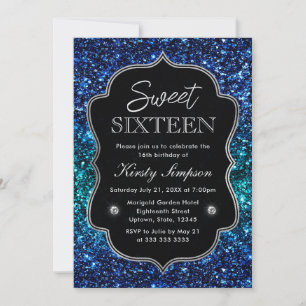 Convites Glamour Brilho Oceano Azul e Turquesa Sweet 16