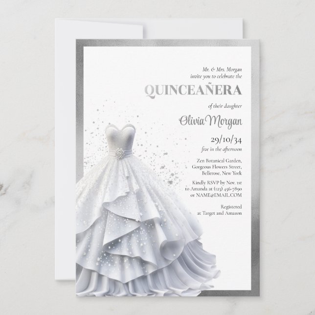 Convites Glamour elegante prateado de luxo Quinceañera (Frente)