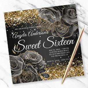 Convites Glamour Floral Preto Brilho Dourado Doze Anos