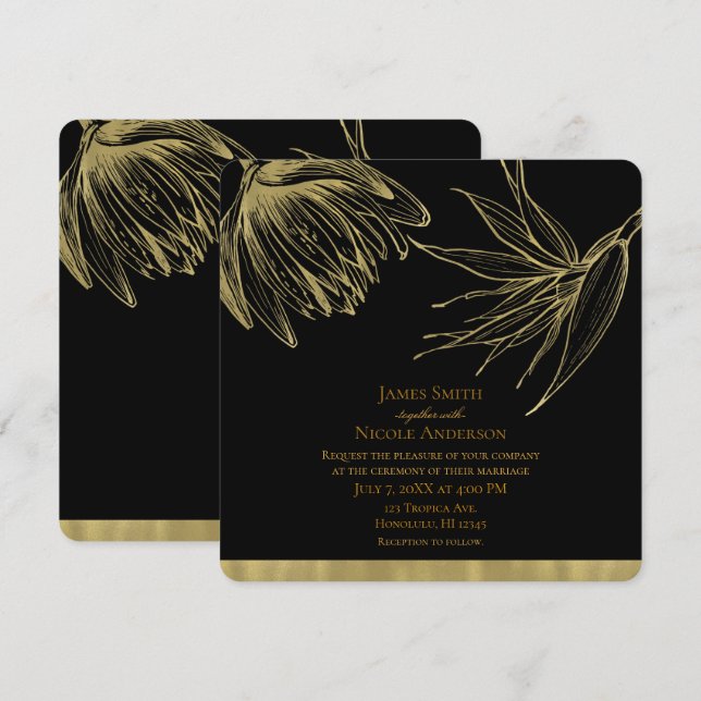 Convites Glamour Moderno Dourado & Preto Floral Botânico Tr (Frente/Verso)