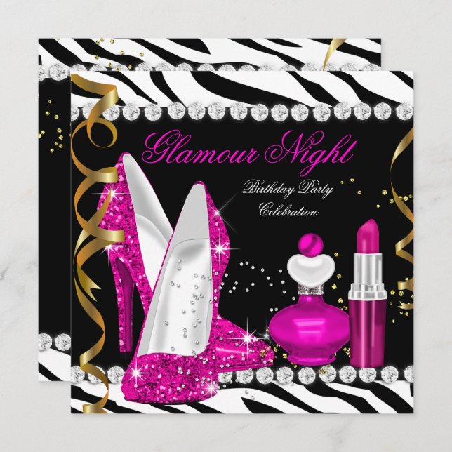 Convites Glamour Noite Zebra Rosa Profundo Dourado (Frente/Verso)