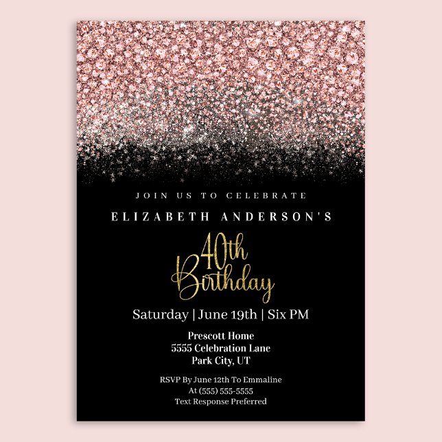 Convites Glamour Pink Jeweled Glitter 40th Birthday (Criador carregado)