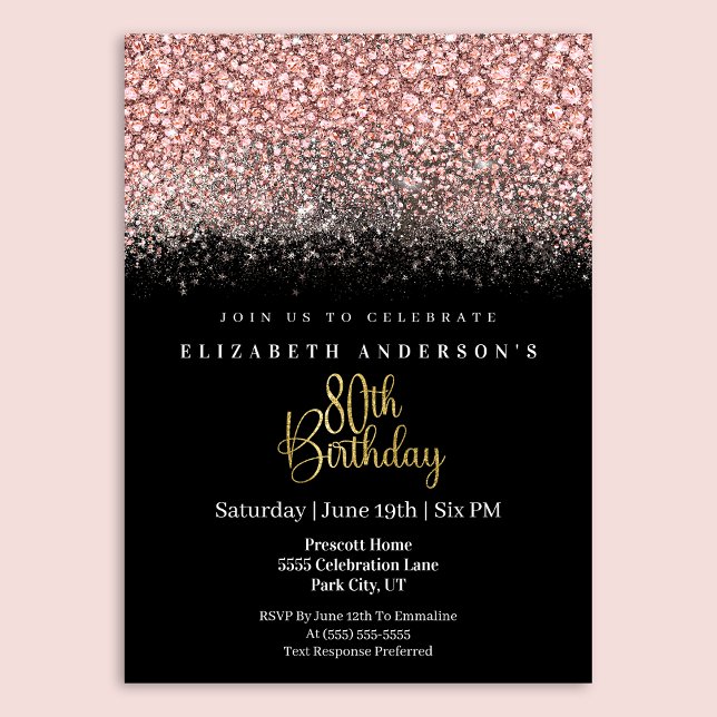 Convites Glamour Pink Jeweled Glitter 80th Birthday (Criador carregado)