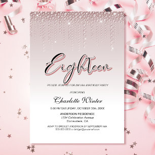 Convites Glamouroso Rosa Poeirento Diamantes 18º Aniversári