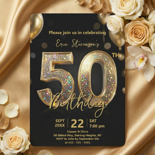 Convites Glamuroso Brilhante Preto e Dourado 50º Aniversári