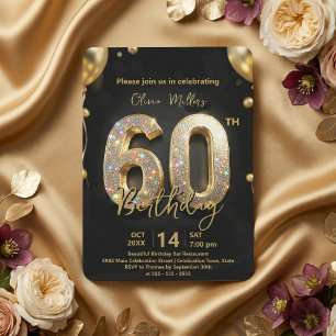 Convites Glamuroso Brilhante Preto e Dourado Aniversário de
