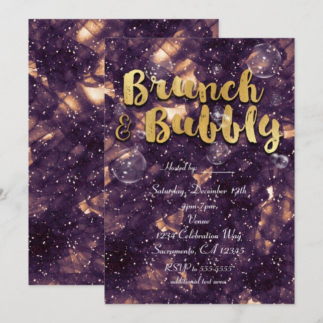 Convites Glamurosos Roxo Dourado Brunch & Bubbly (Frente/Verso)