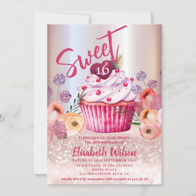 Convites Gliteria de ouro com Rosa floral Boho Girly cupcak (Frente)