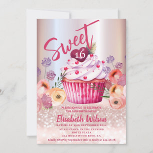 Convites Gliteria de ouro com Rosa floral Boho Girly cupcak