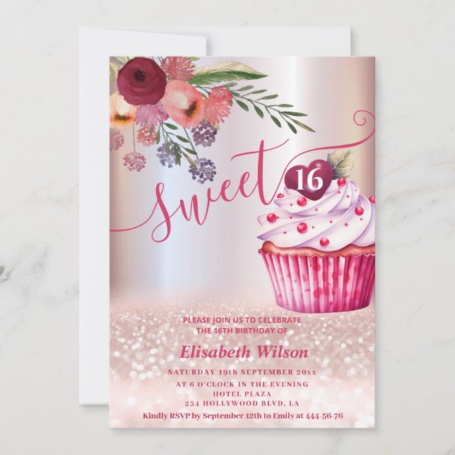 Convites Gliteria de ouro com Rosa floral Boho Girly cupcak (Frente)