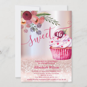 Convites Gliteria de ouro com Rosa floral Boho Girly cupcak