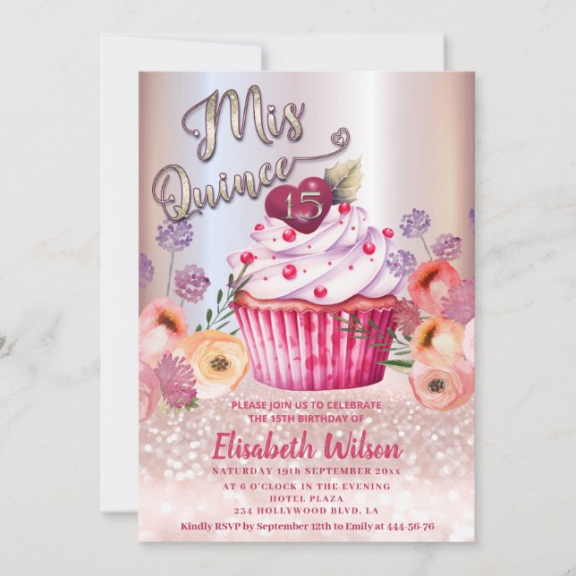 Convites Gliteria de ouro com Rosa floral Boho Girly cupcak (Frente)