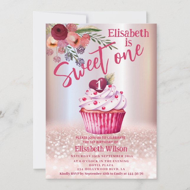 Convites Gliteria de ouro com Rosa floral Boho Girly cupcak (Frente)