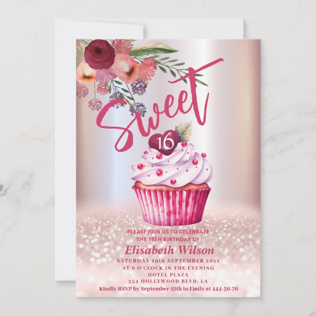 Convites Gliteria de ouro com Rosa floral Boho Girly cupcak (Frente)