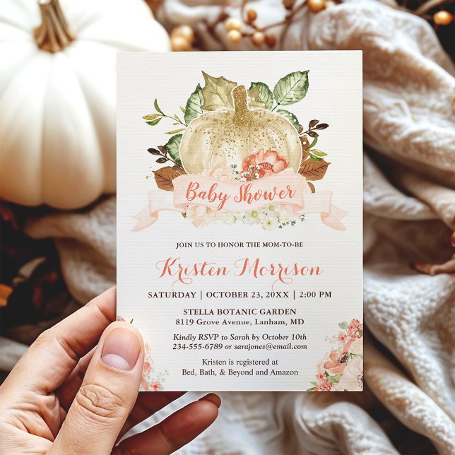 Convites Gliters Dourados Pumpkin Floral Fall Chá de fralda (Criador carregado)
