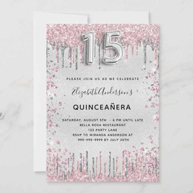 Convites Glitor cor-de-prata Quinceanera (Frente)