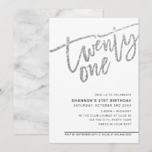 Convites Glitor prateado do aniversário de 21 anos de SCRIP