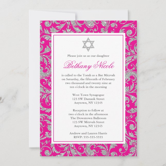 Convites Glitor prateado rosa quente Damask Bat Mitzvah (Frente)