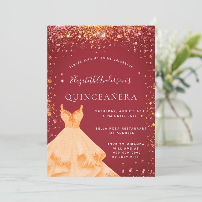 Convites Glitor vermelho de ouro de Quinceanera (Em pé/Frente)