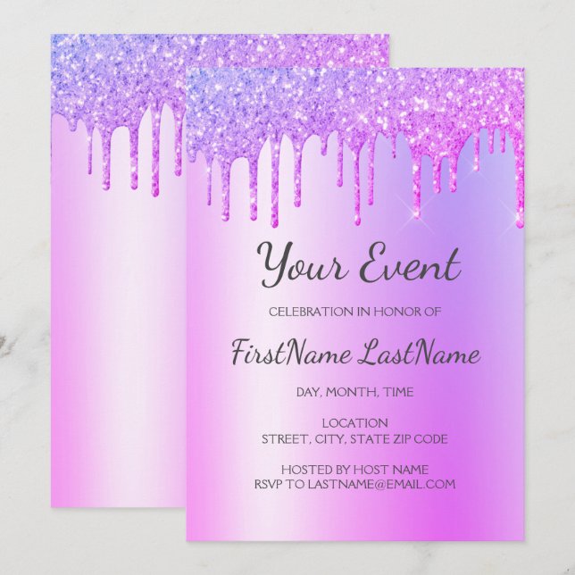 Convites Glitter 16 Doce com Glitter Roxo (Frente/Verso)