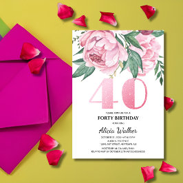 Convites Glitter 40th Pink Peony Floral Greenery Aniversári