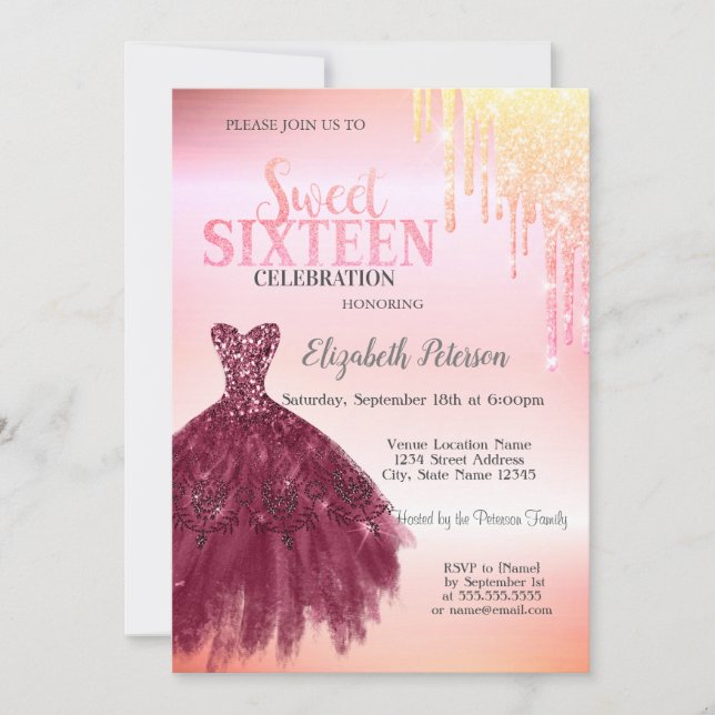 Convites Glitter Adorável, Burgundy Dress Doce 16 (Frente)