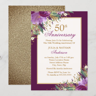 Convites Glitter Âmista Roxo Floral 50º Aniversário