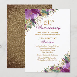 Convites Glitter Âmista Roxo Floral Aniversário de 50 anos