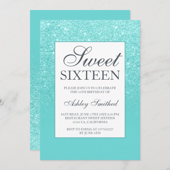 Convites Glitter aqua azul elegante doce 16 (Frente/Verso)