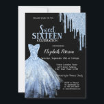 Convites Glitter Azul-Chic Coloca Preto-Azul<br><div class="desc">Vestidos azuis elegantes e brilho azul pingando em fundo preto.</div>
