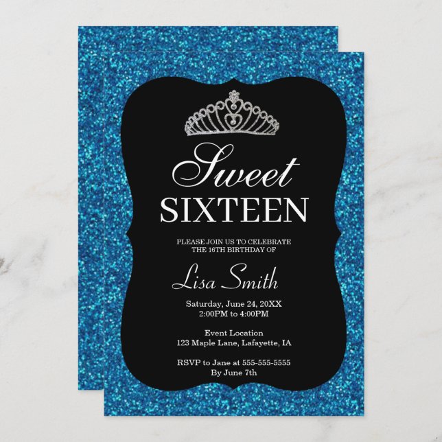 Convites Glitter Azul-Chic Elegante Tiara Sweet 16 (Frente/Verso)