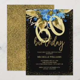 Convites Glitter Azul Floral Dourado Aniversário Caligrafia
