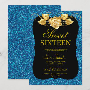 Convites Glitter Azul-Glíster Dourado Rosa Doce 16