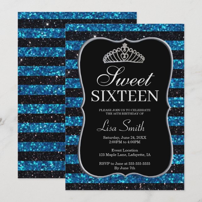 Convites Glitter Azul Negro Elegante Tiara Sweet 16 (Frente/Verso)