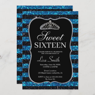 Convites Glitter Azul Negro Elegante Tiara Sweet 16