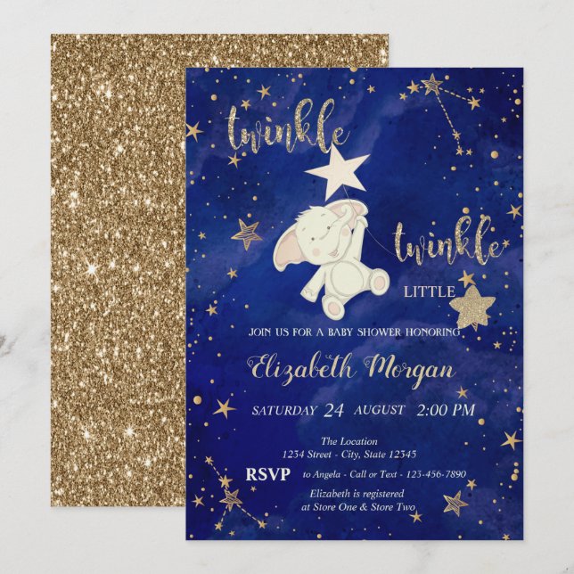 Convites Glitter Bear Twinkle Pequeno Chá de fraldas Dourad (Frente/Verso)