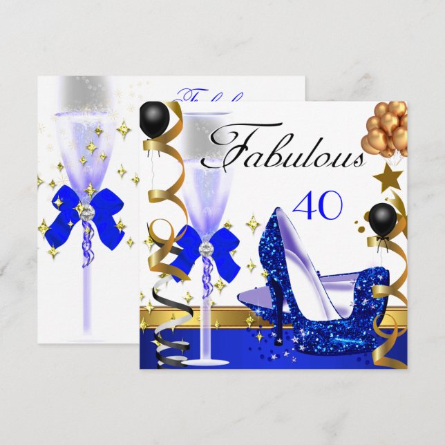 Convites Glitter Blue Dourado 40 Fabuloso aniversário de 40 (Frente/Verso)