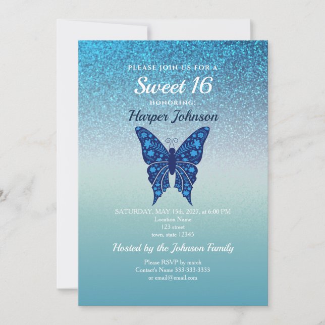 Convites Glitter Blue Sweet 16 Aniversário (Frente)