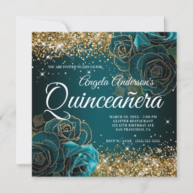 Convites Glitter Blue Teal Rosa Quinceañera, pouco Dourada (Frente)