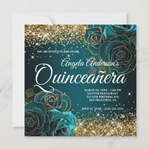 Convites Glitter Blue Teal Rosa Quinceañera, pouco Dourada