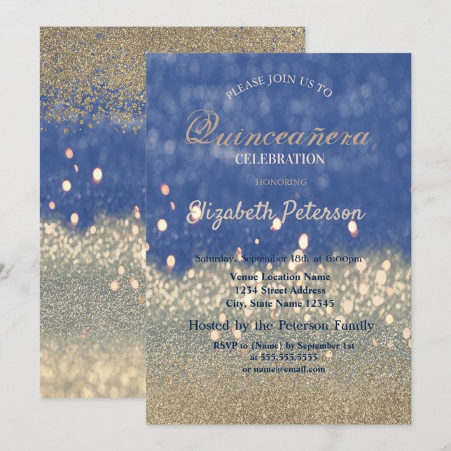 Convites Glitter Bokeh Diamantes Dourados Quinceañera (Frente/Verso)